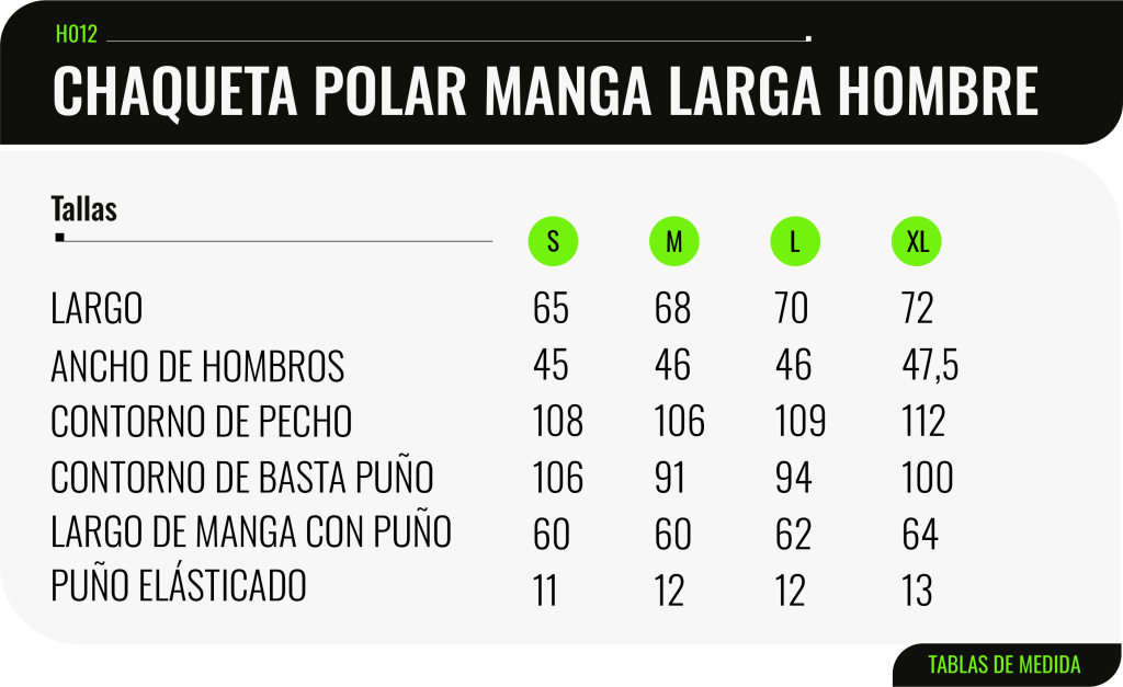 Tabla de medidas de la Chaqueta mang alarga hombre - K8CHILE.CL