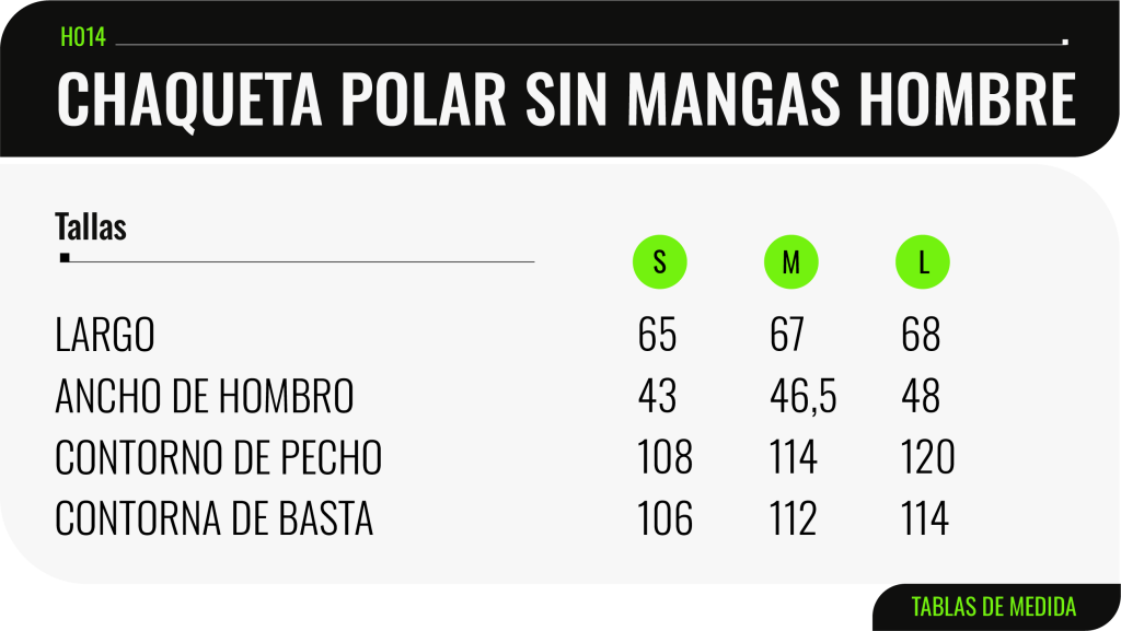 Tabla de medidas de la Chaqueta polar sin mangas hombre - K8CHILE.CL