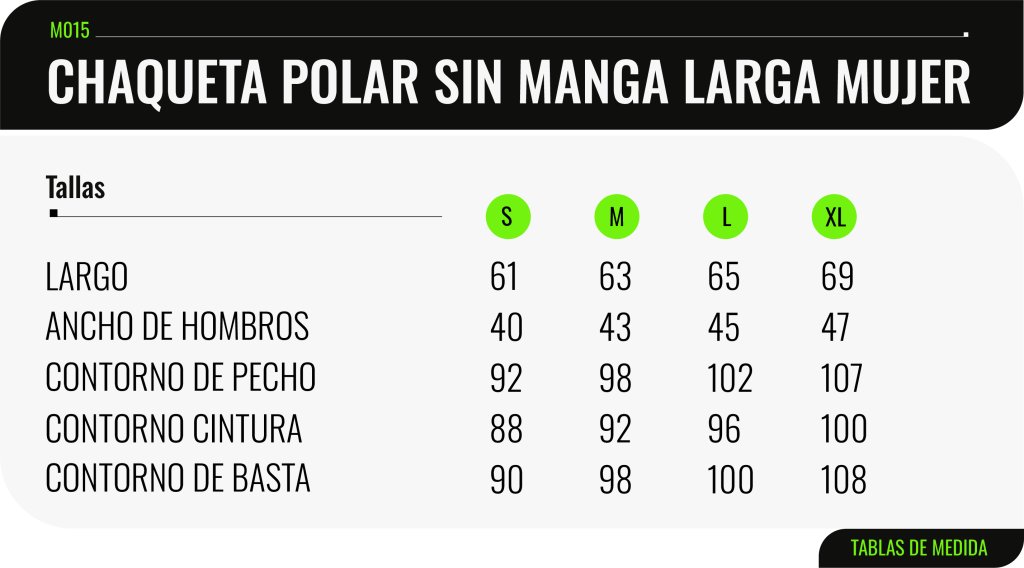 Tabla de medidas de la chaquetapolar sin manga larga mujer - K8CHILE.CL