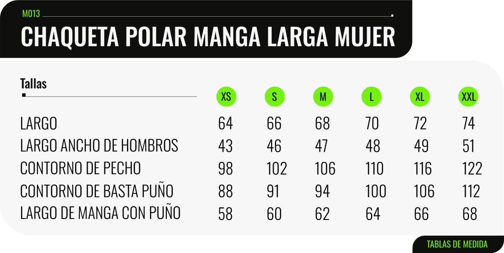 Tabla de medidas de la chaqueta polar manga larga mujer - K8CHILE.CL