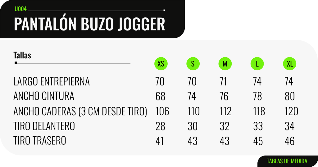 Tabla de medidas de la pantalón buzo jogger - K8CHILE.CL