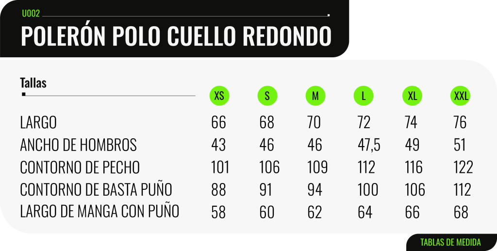 Tabla de medidas de la poleron polo cuello redondo - K8CHILE.CL