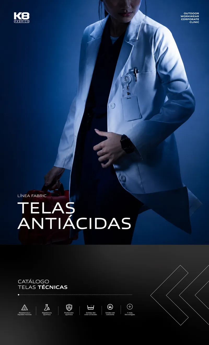Portada del catálogo Telas Antiácidas, Línea Fabric K8