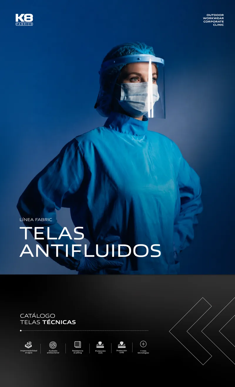 Portada del catálogo Telas Antifluidos, Línea Fabric K8