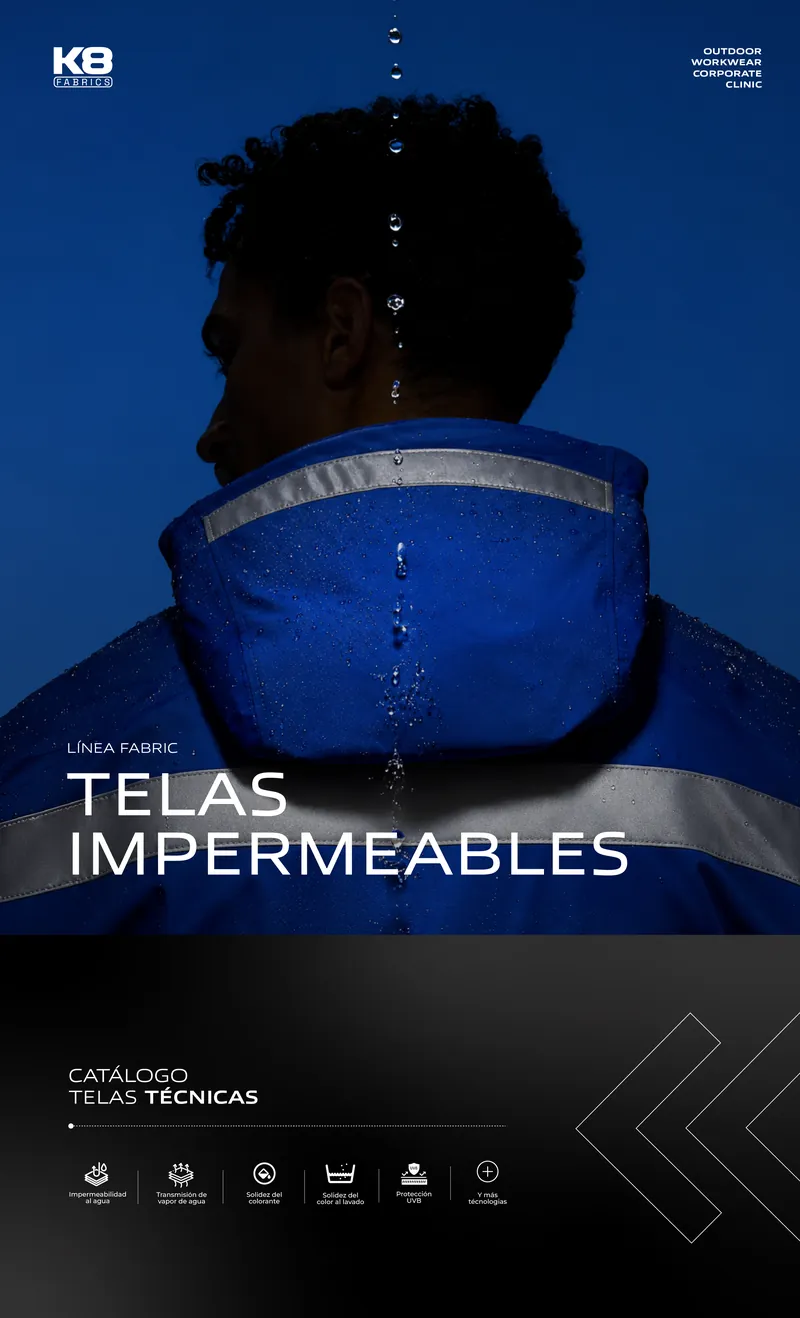 Portada del catálogo Telas Impermeables, Línea Fabric K8